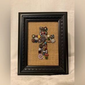 Hand Crafted Framed- Vintage Jeweled Cross- 7-1/2in. x 9-1/2in.